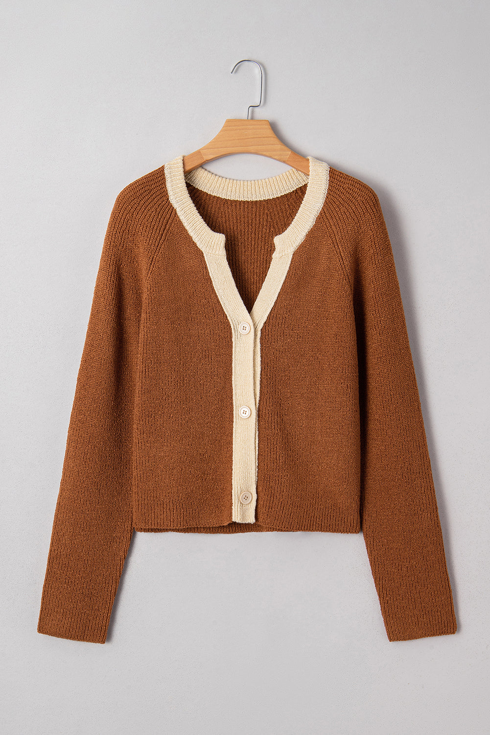 Contrast Trim Buttoned V-Neck Cropped Cardigan