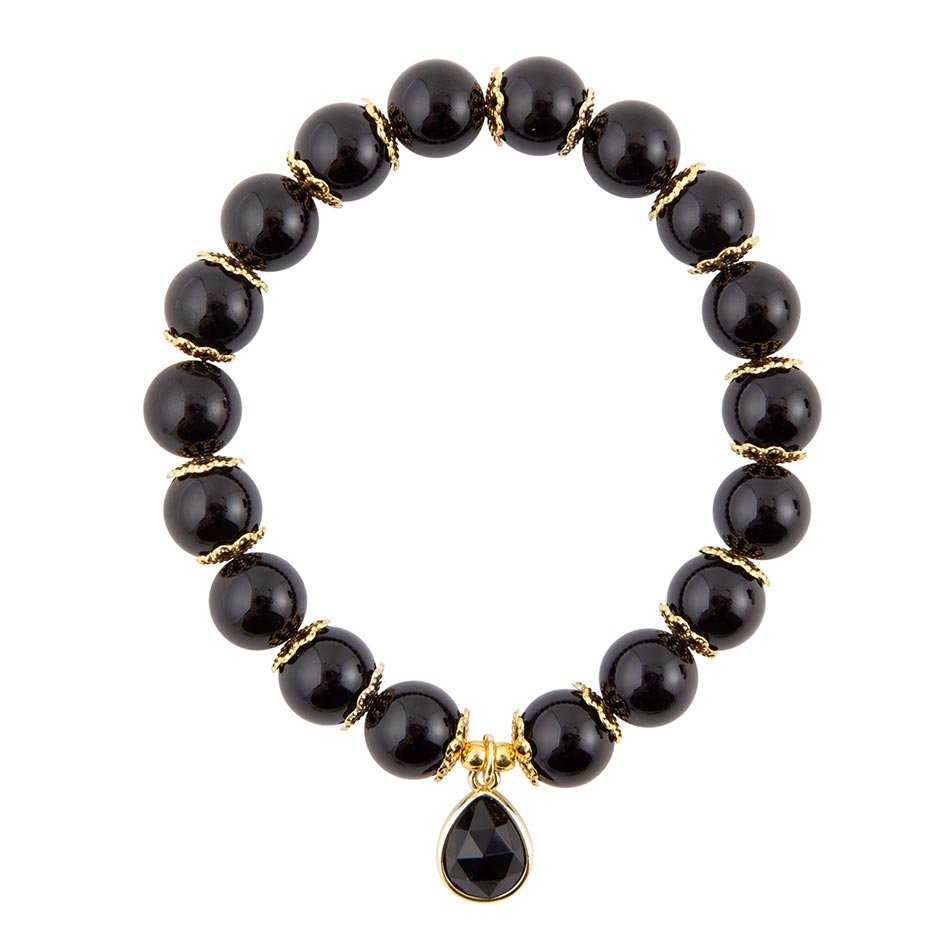 Black Onyx Gold Tone Beaded Stretch Bracelet