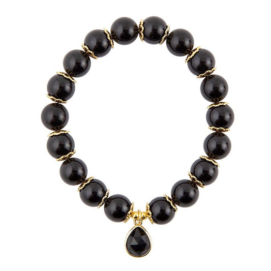 Black Onyx Gold Tone Beaded Stretch Bracelet