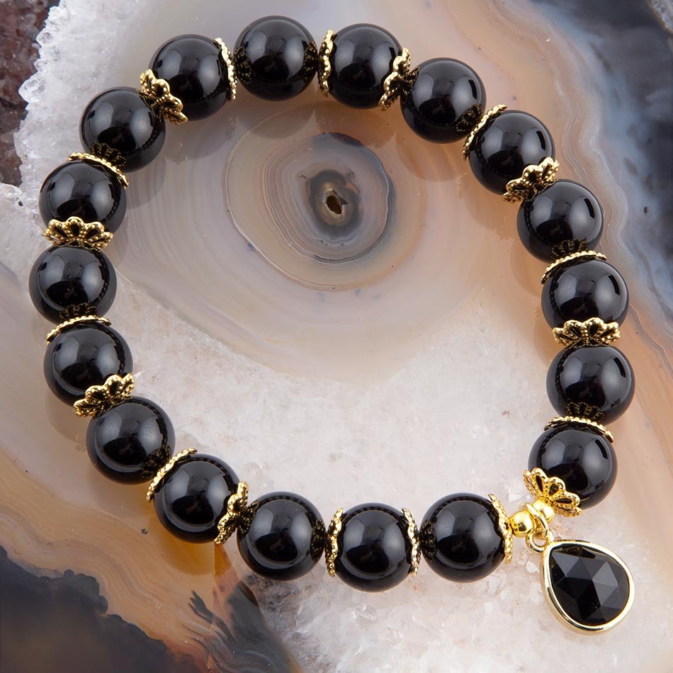 Black Onyx Gold Tone Beaded Stretch Bracelet