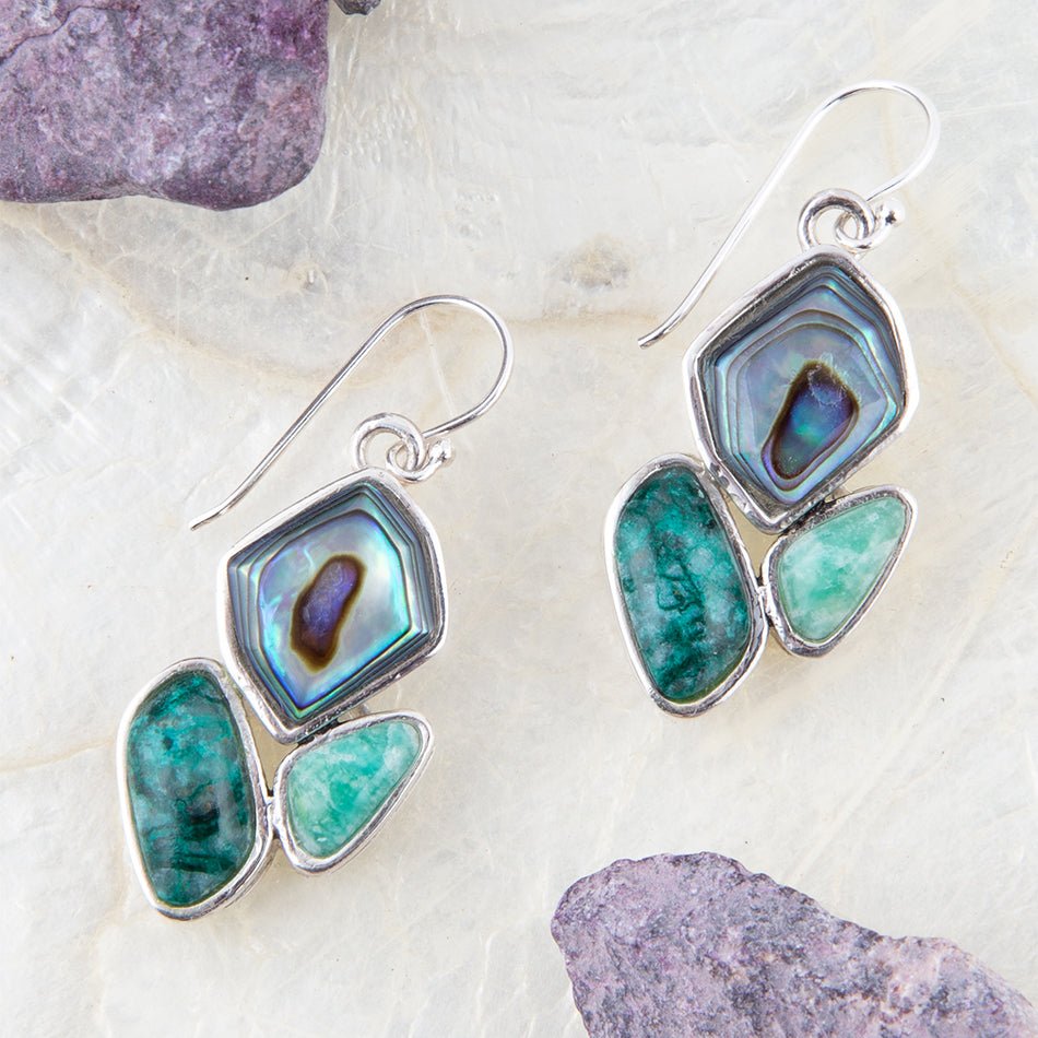 Blue Abalone Fire Sterling Silver Cluster Earrings