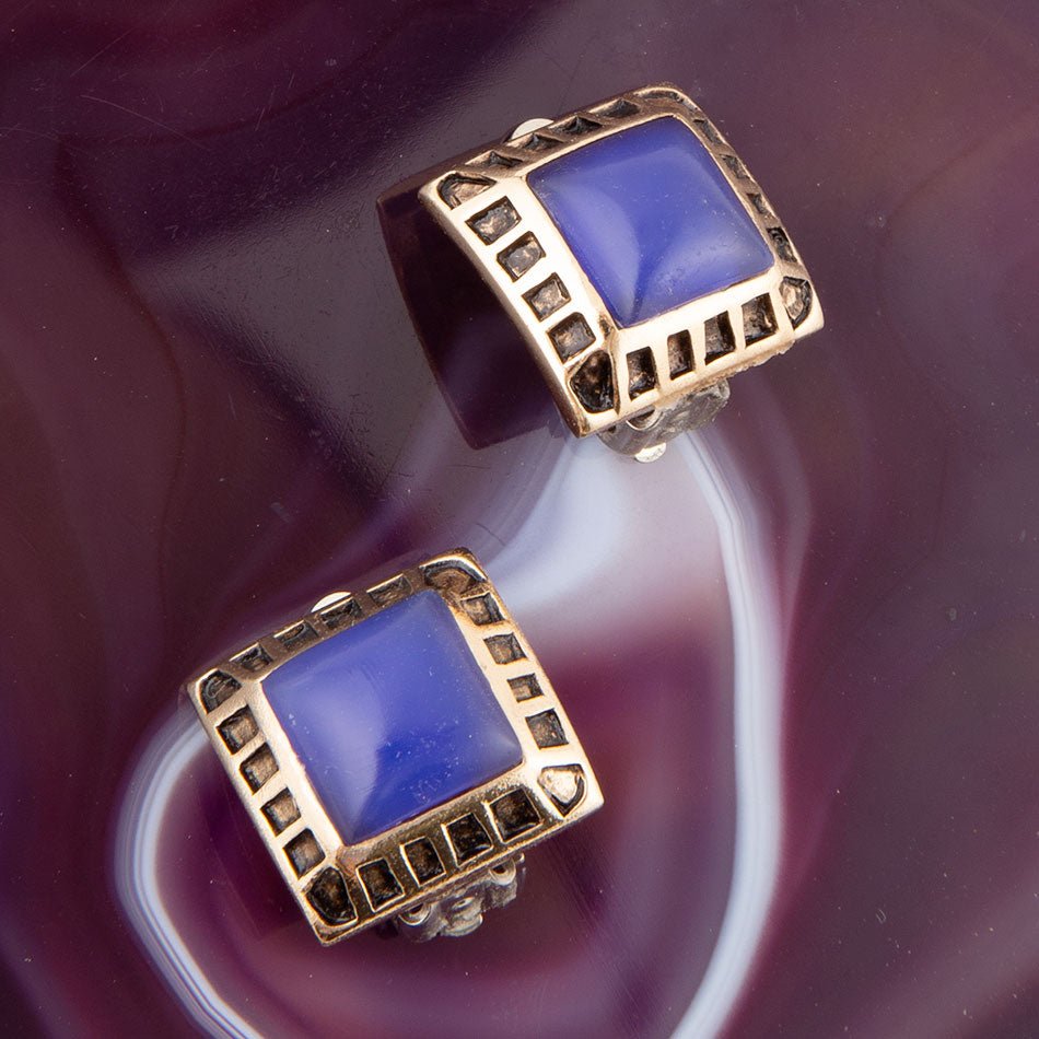 Blue Agate Golden Clip Earrings