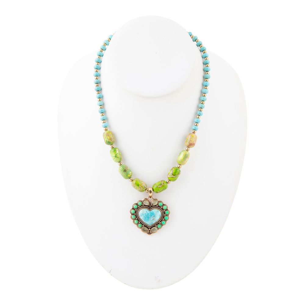 Legacy Heart Lime Green and Blue Turquoise Golden Pendant Necklace