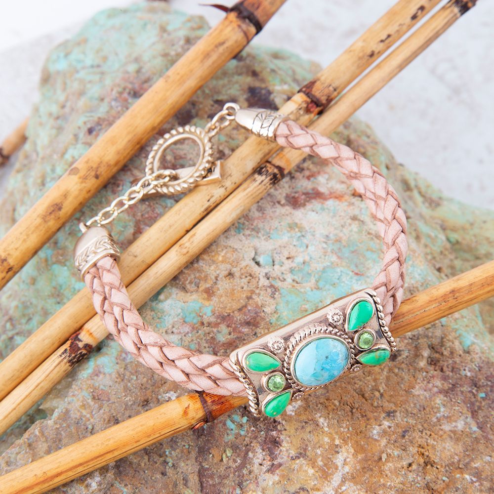 Legacy Lime Green and Blue Turquoise Braided Leather Bracelet