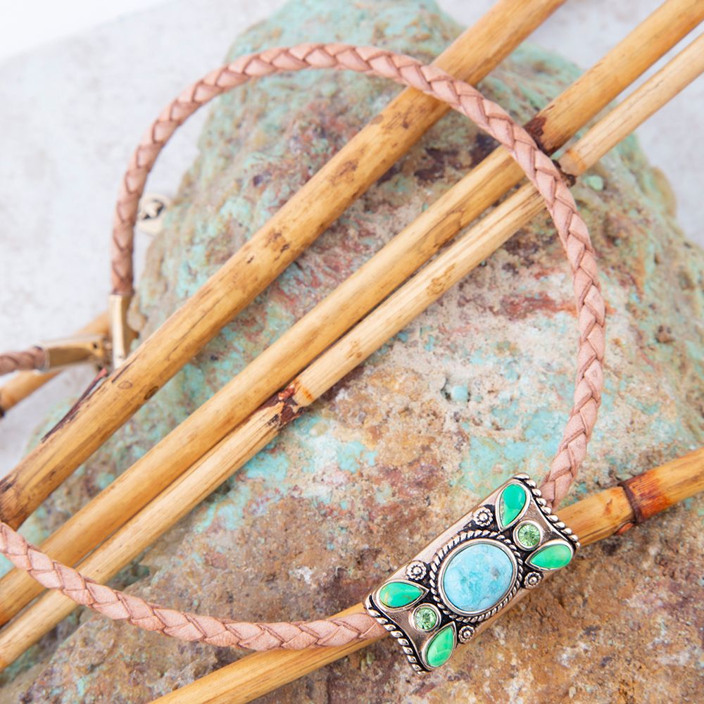 Legacy Lime Green and Blue Turquoise Braided Leather Necklace