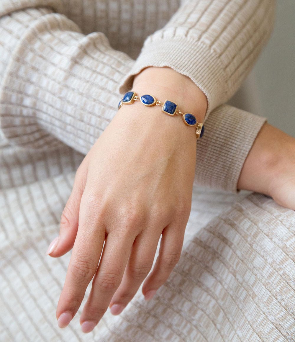 Blue Lapis Hammered Link Golden Bracelet