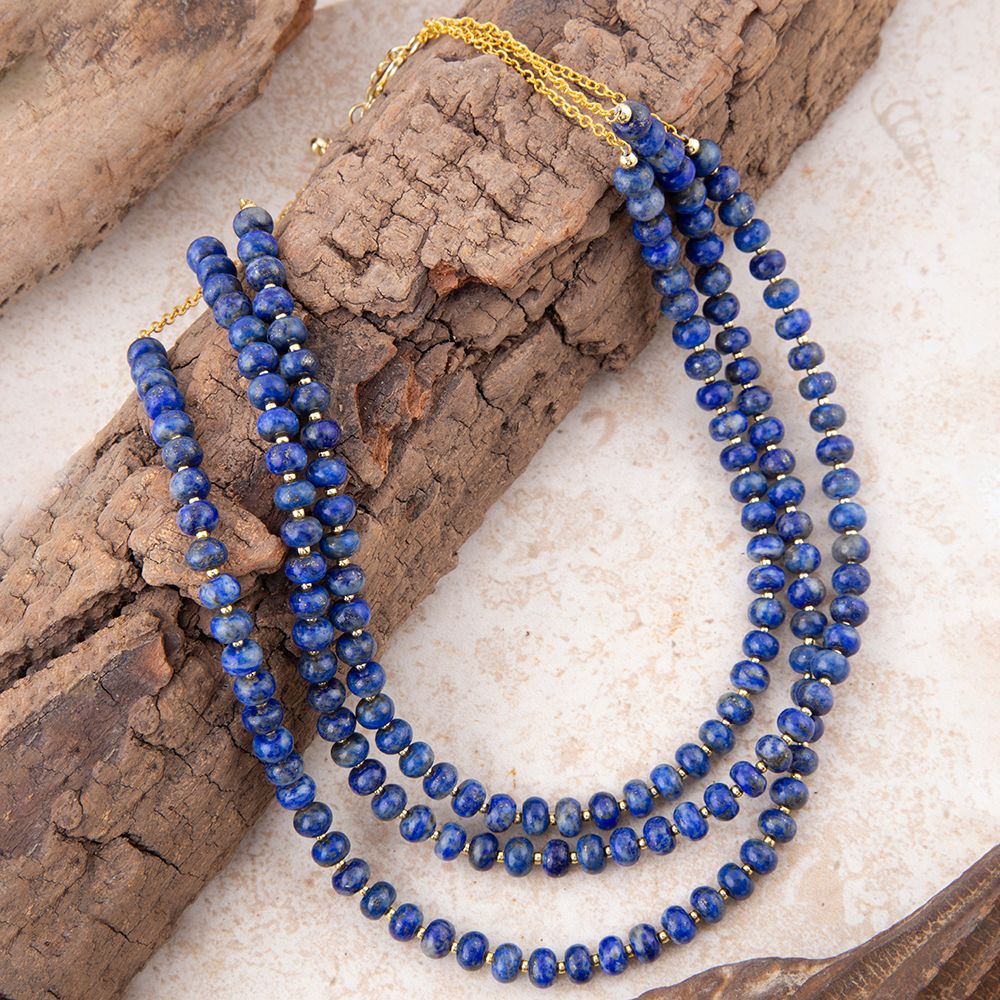 Blue Lapis Triple Strand Golden Necklace