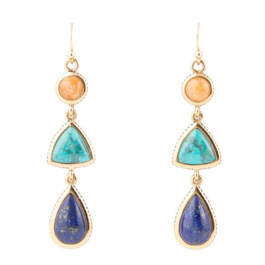 Blue Lapis, Turquoise and Orange Sponge Coral Golden Drop Earrings
