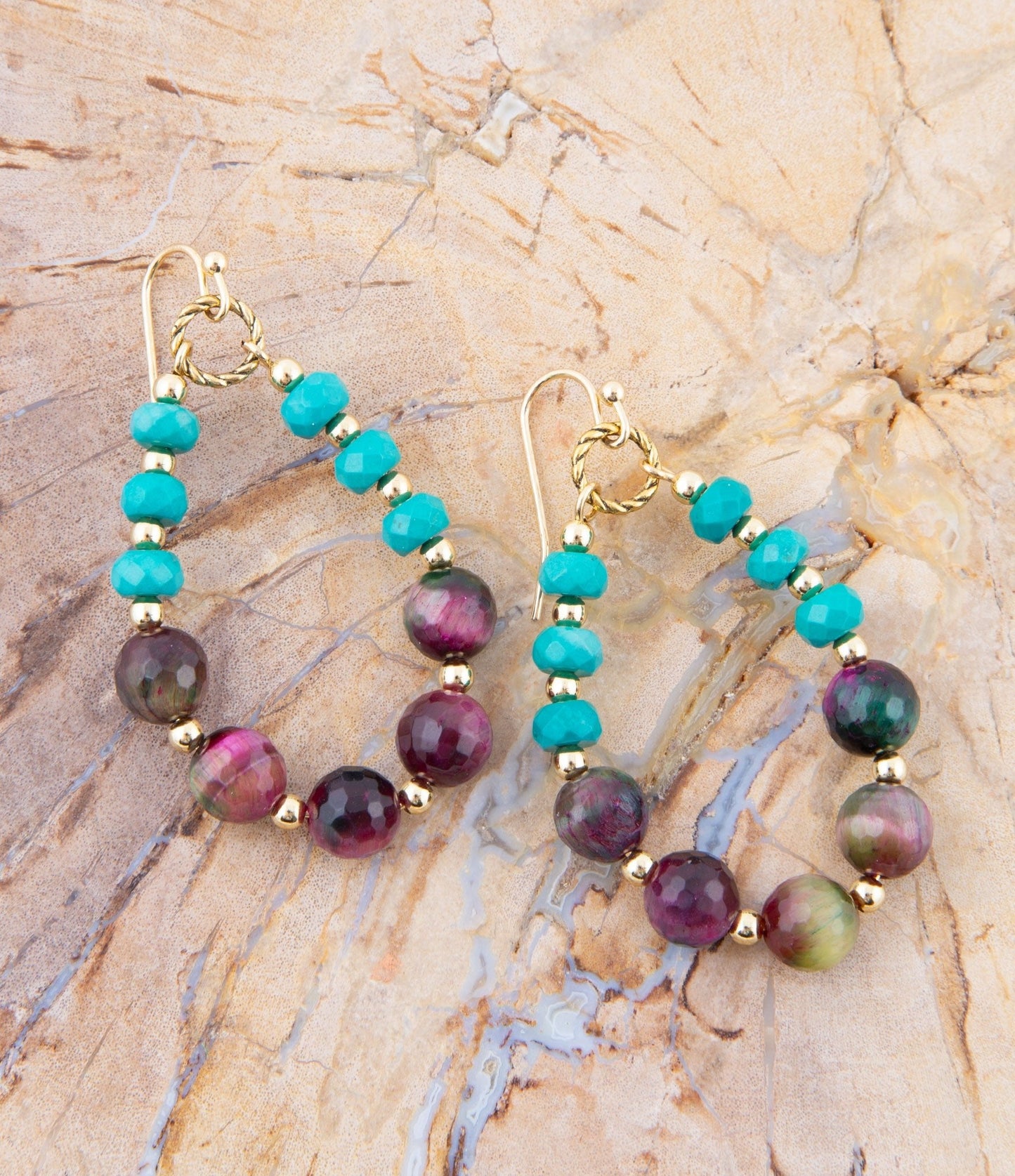 Jeweled Blue Magnesite and Mulicolor Tiger's Eye Golden Drop Earrings