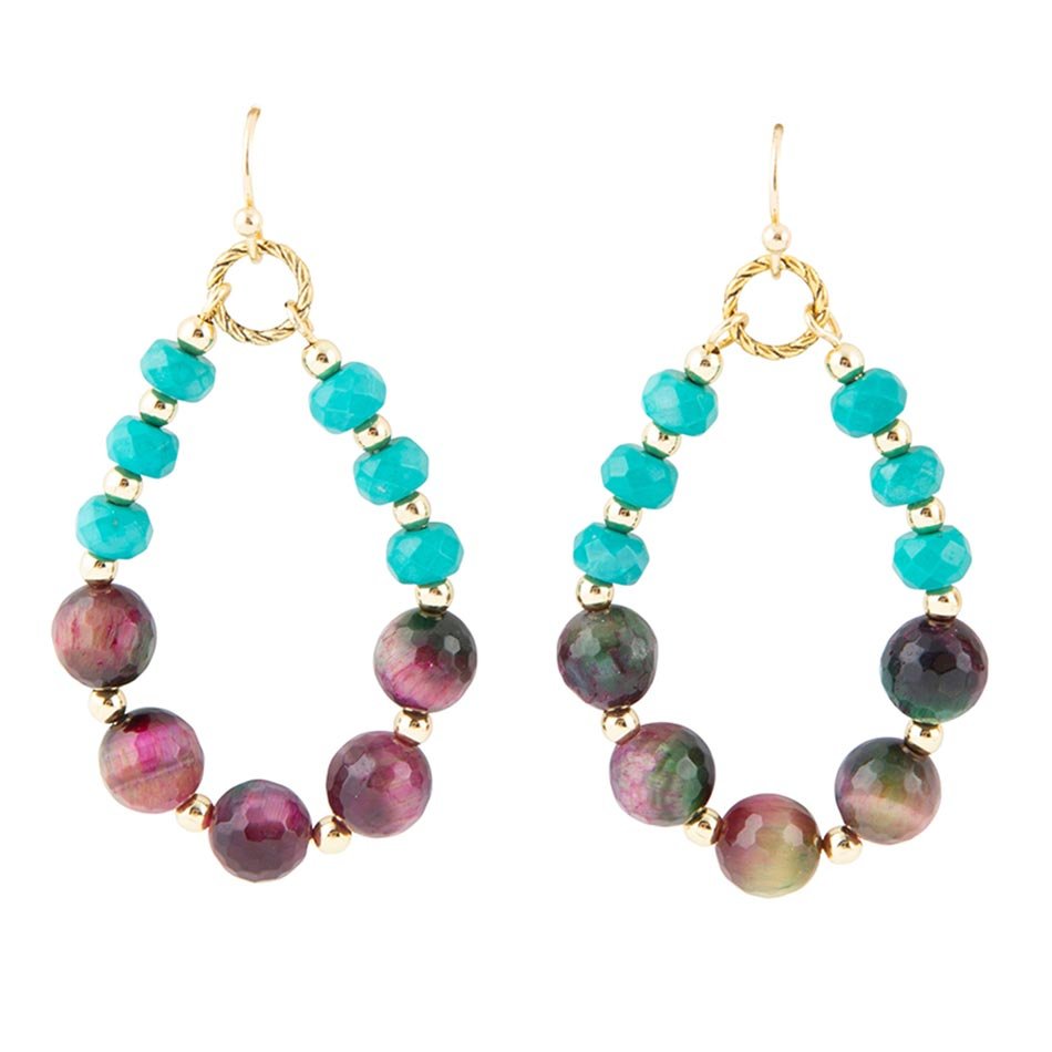 Jeweled Blue Magnesite and Mulicolor Tiger's Eye Golden Drop Earrings