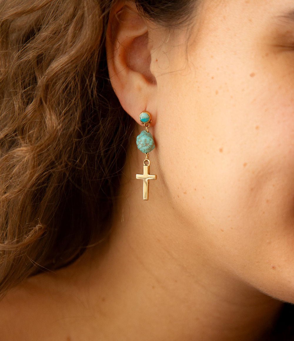 Blue Turquoise On The Cross Golden Post Earrings