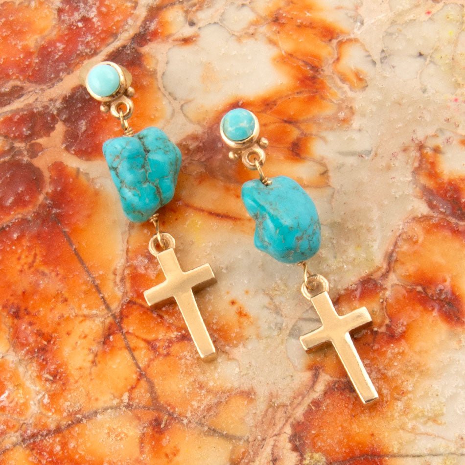Blue Turquoise On The Cross Golden Post Earrings