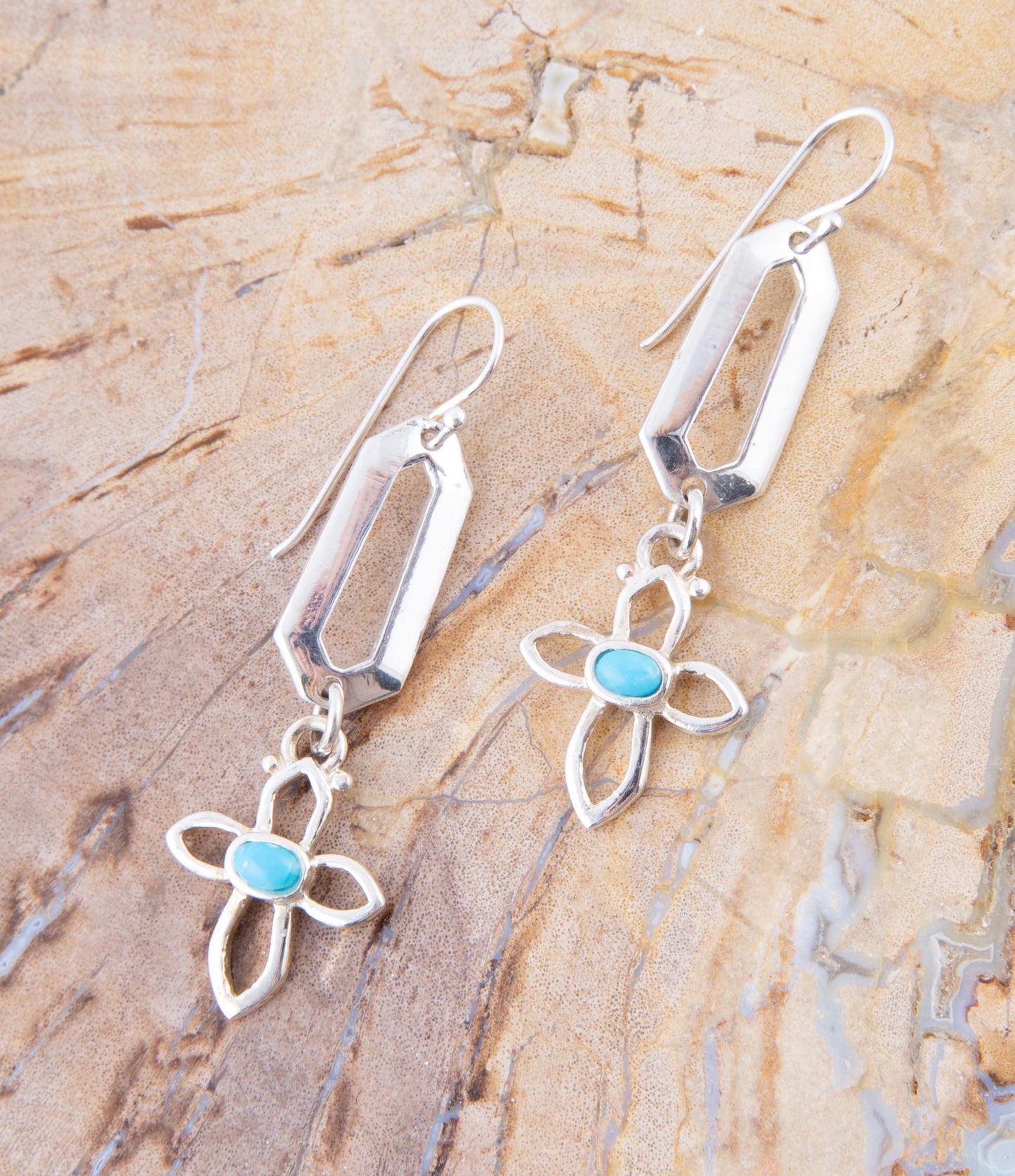 Blue Turquoise and Sterling Silver Cross Drop Earrings