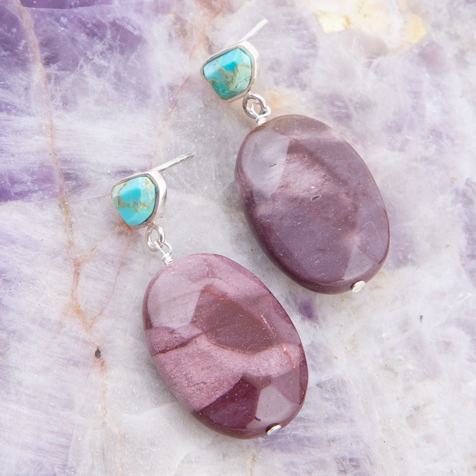 Blue Turquoise and Brown Mookaite Drop Earrings