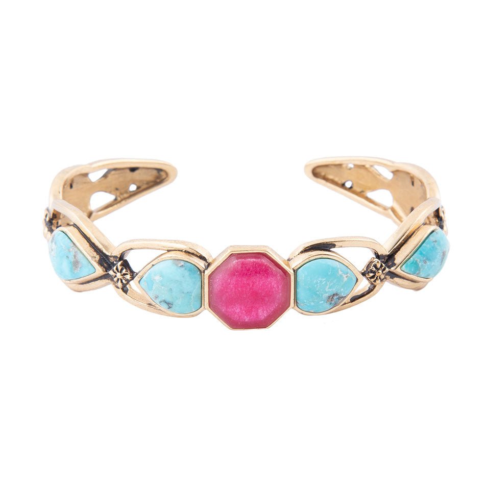 Blue Turquoise and Red Quartz Golden Cuff Bracelet
