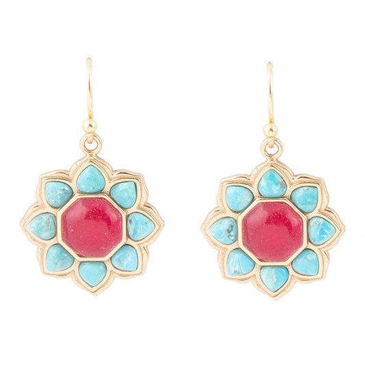Blue Turquoise and Red Quartz Flower Golden Earrings