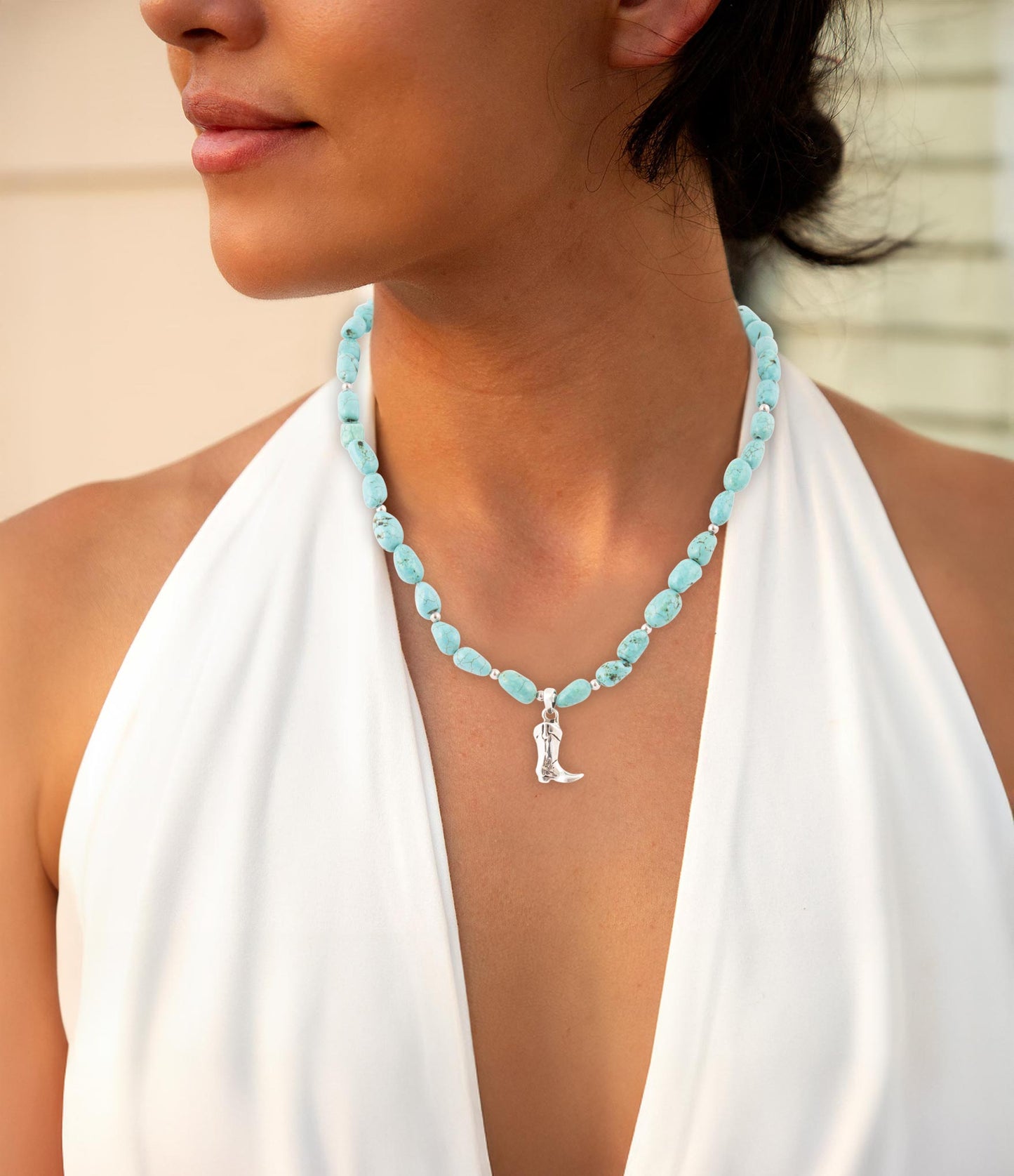 Blue Turquoise and Sterling Silver Boot Charm Necklace