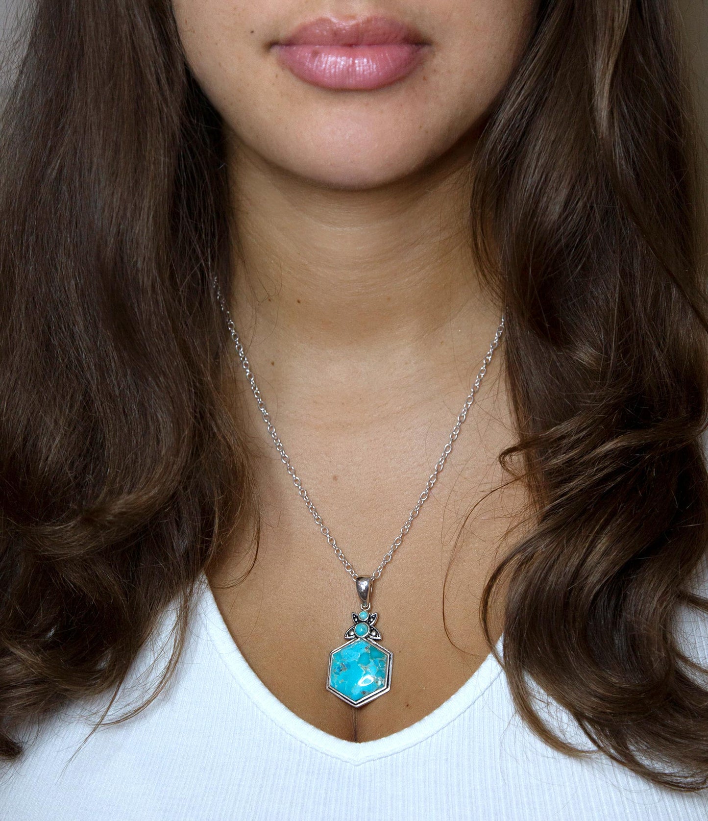 Blue Turquoise and Sterling Silver Hexagon Pendant Necklace