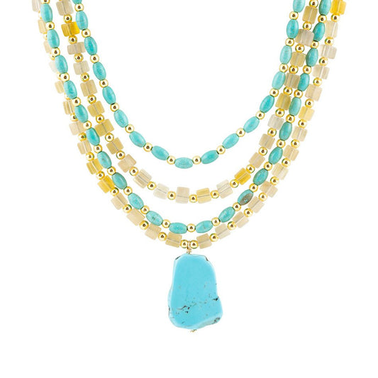 Blue Turquoise and Yellow Citrine Multi-Layer Golden Necklace