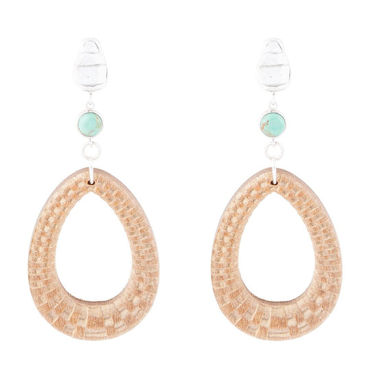 Blue Turquoise Top Carved Wood Sterling Silver Earrings