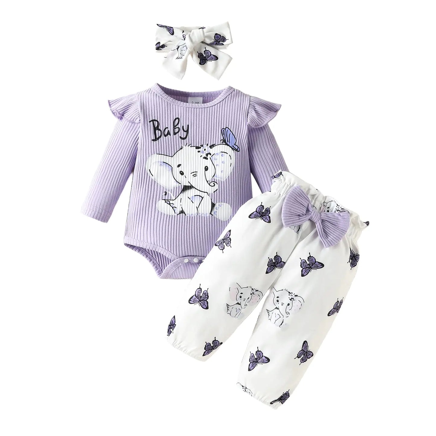 Newborn Baby Girl Clothes Fall Outfit Ruffle Long Sleeve Ribbed Romper Top Cute Bow Pants Set Coming Home Outfit (A-Purple 6-9 Months) - # BAAA71710005
