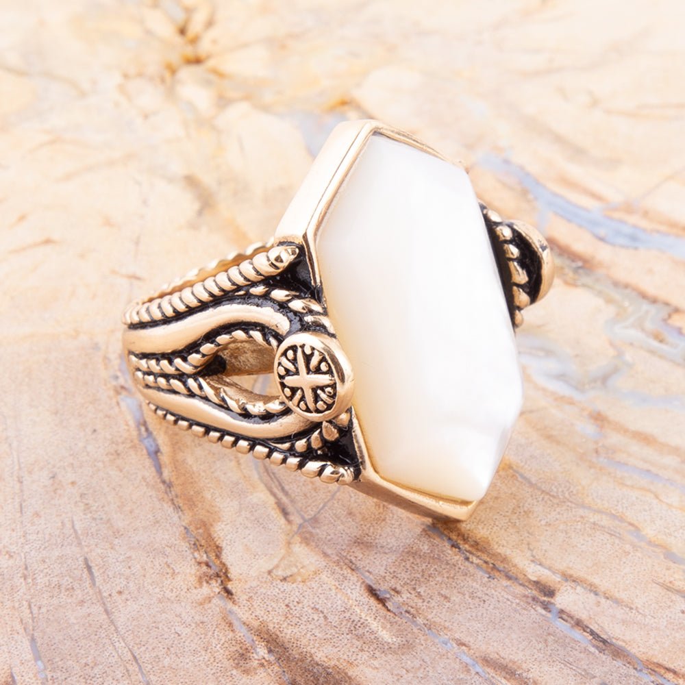 Golden Bronze White Mother of Pearl Ring