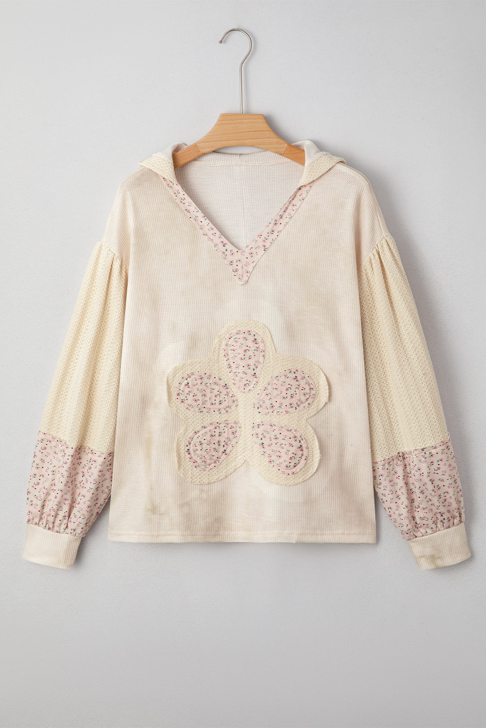 Floral Patchwork Waffle Textured V-Neck Hooded Top