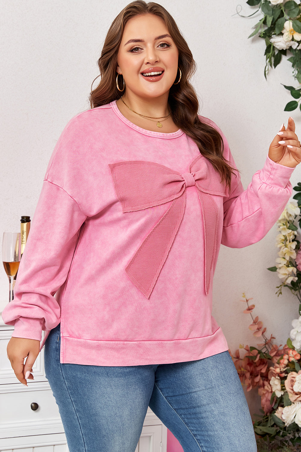 Plus Size Waffle Bowknot Patchwork Mineral Wash Sweatshirt
