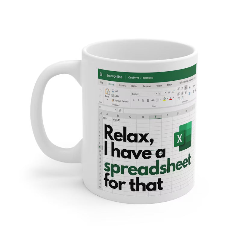 Spreadsheet-themed ceramic coffee mug