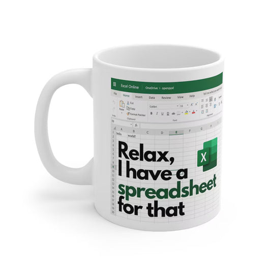 Spreadsheet-themed ceramic coffee mug