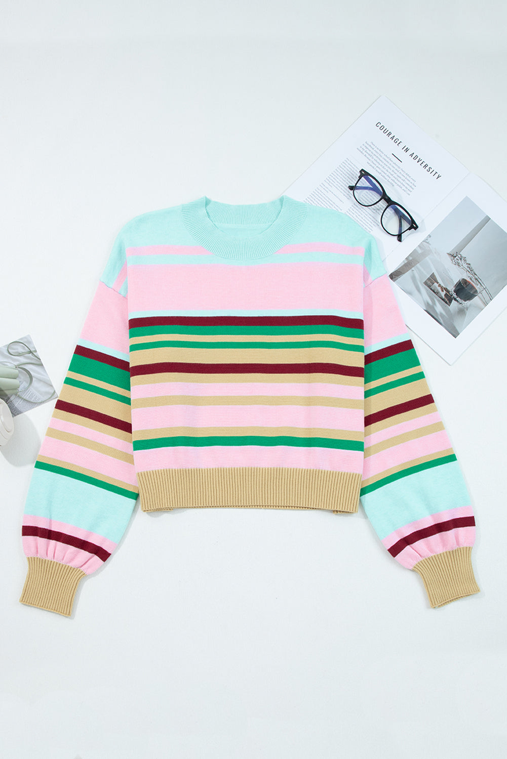 Stripe Ribbed Trim Crewneck Cropped Sweater
