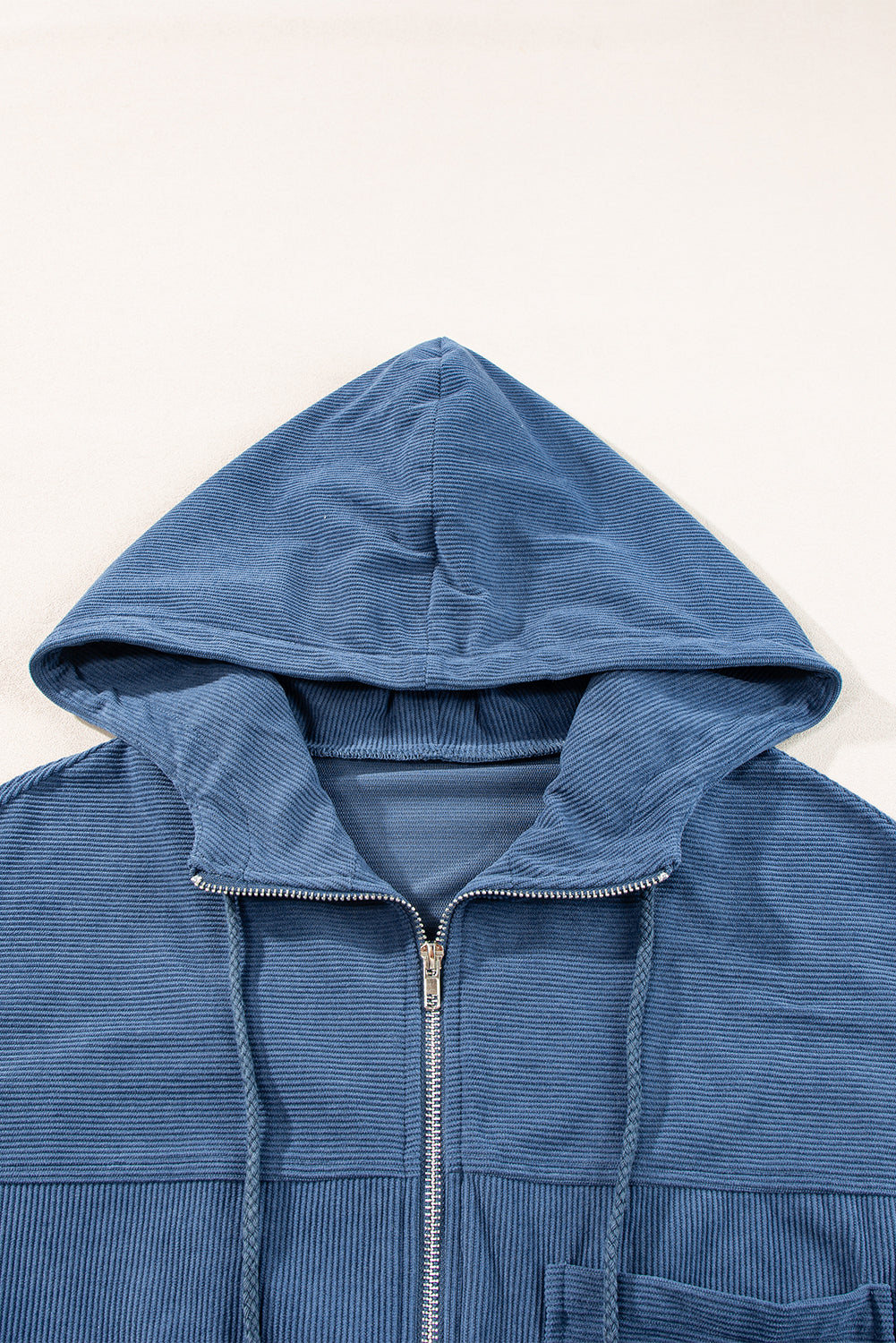 Solid Corduroy Zip-Up Pocketed Hooded Jacket