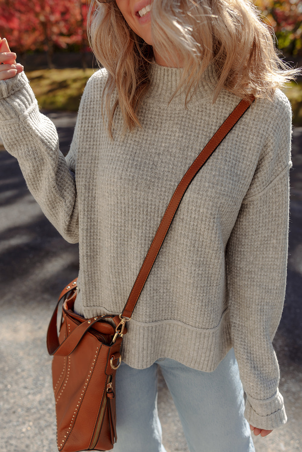 Waffle Knit Ribbed High Neck Drop Shoulder Sweater