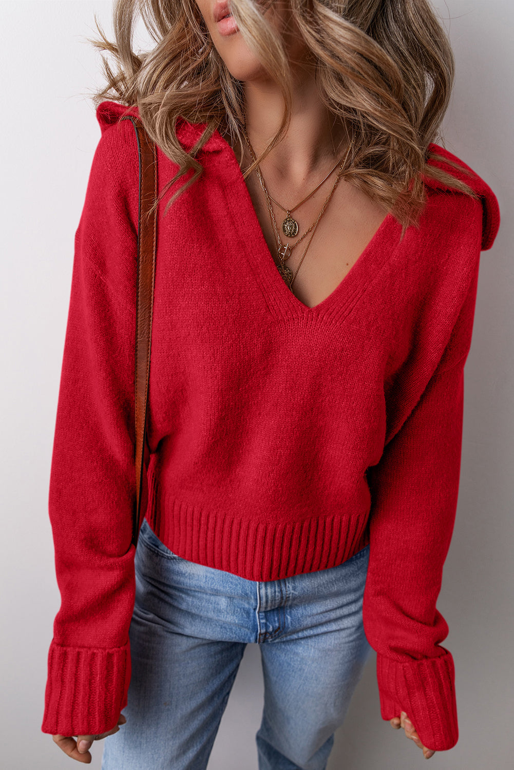 Solid Collared V-Neck Ribbed Edge Sweater