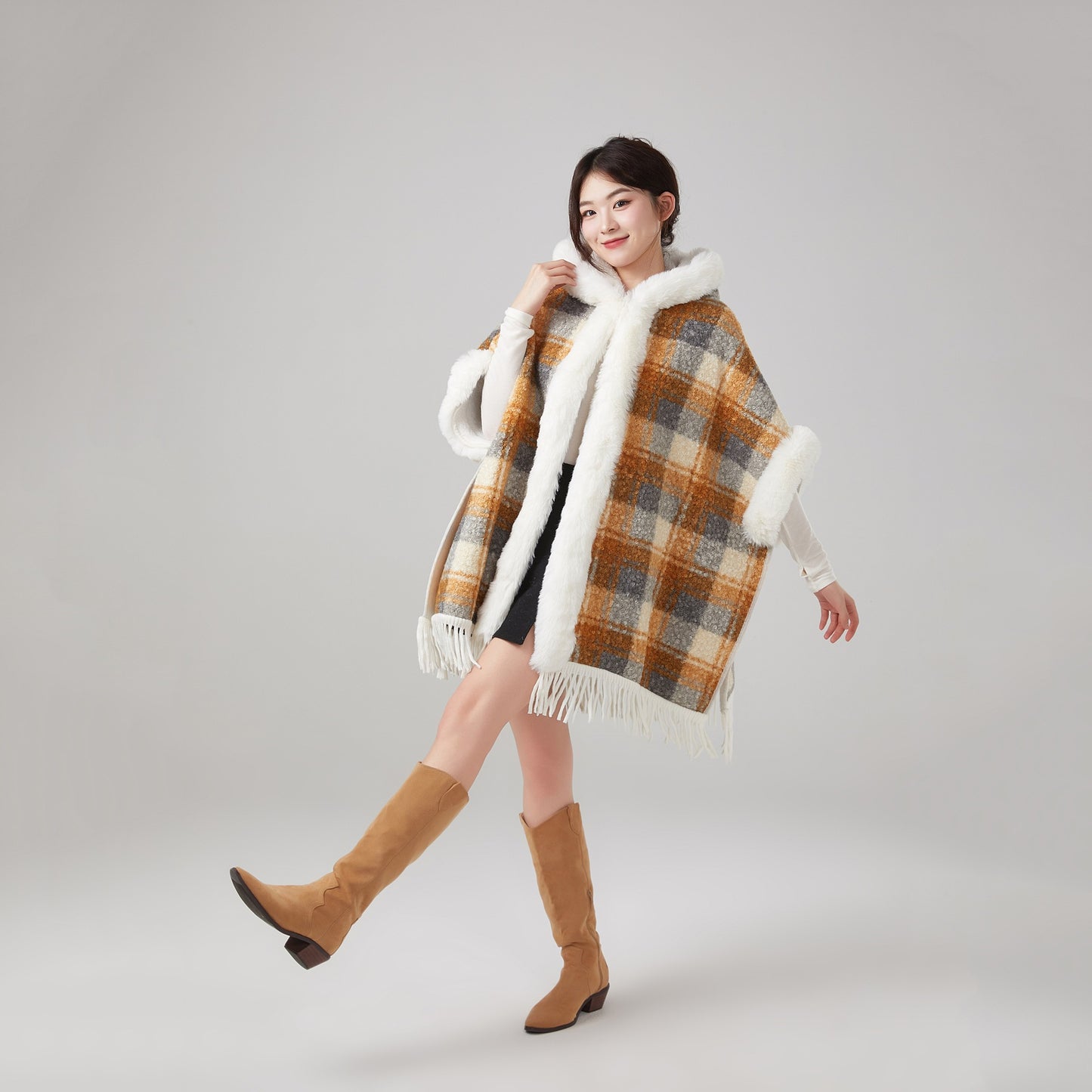 Hooded Fleece-Lined Cape with Tassel