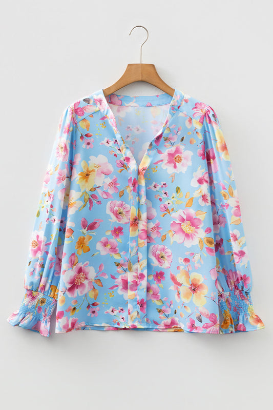 Floral Smocked Long Sleeve V-Neck Blouse