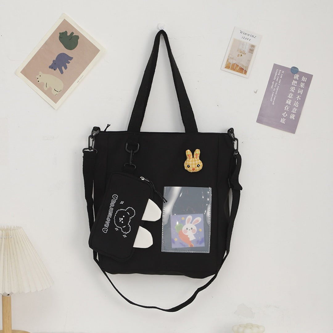Cartoon canvas bag cute, bunny pendant tote bag, self-contained small bag student shoulder bag