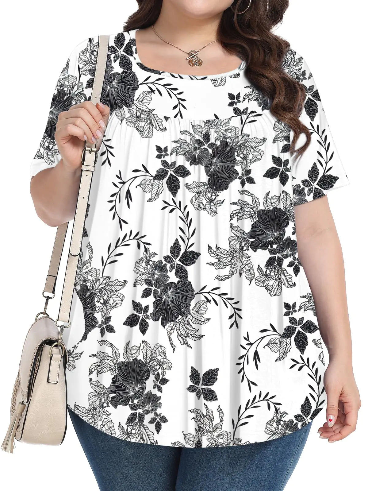 Womens Plus Size Tops Summer Blouses Tunic Short Sleeve Dressy Casual Loose Shirts 1X-5X White Ink Flower X-Large - # WOAA21510015-PRG