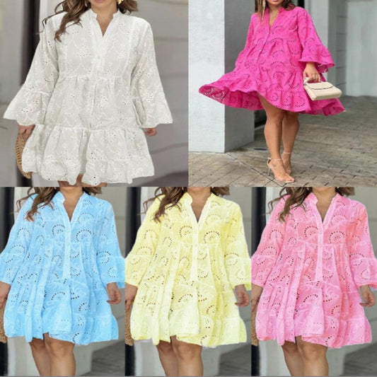 Cotton Embroidery V-neck Loose Dress