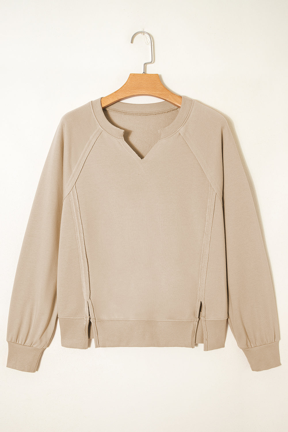 Solid Raw Edge Raglan Sleeve Side Slit Sweatshirt