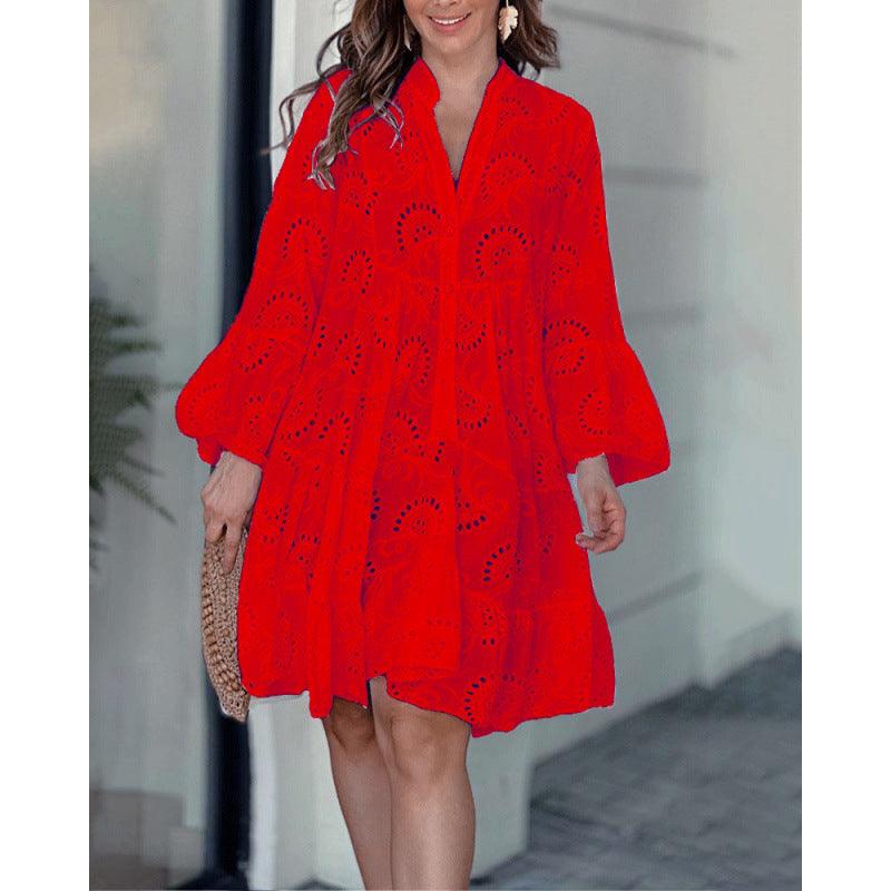 Cotton Embroidery V-neck Loose Dress