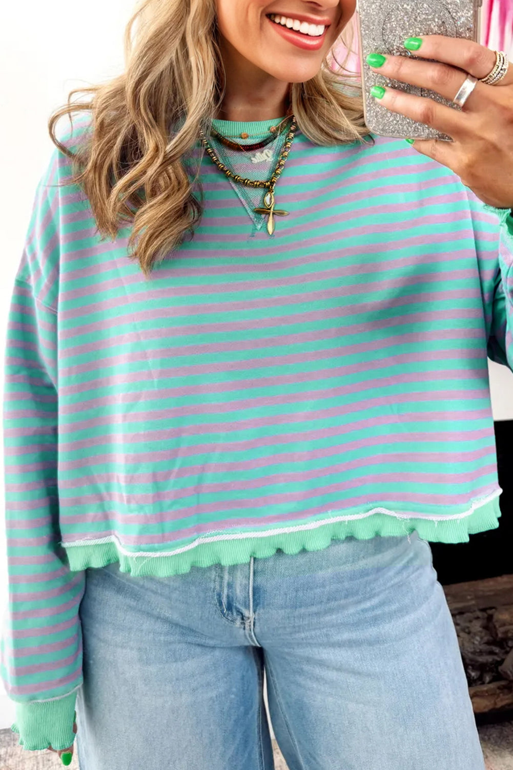 Stripe Reverse Seam Contrast Trim Sweatshirt