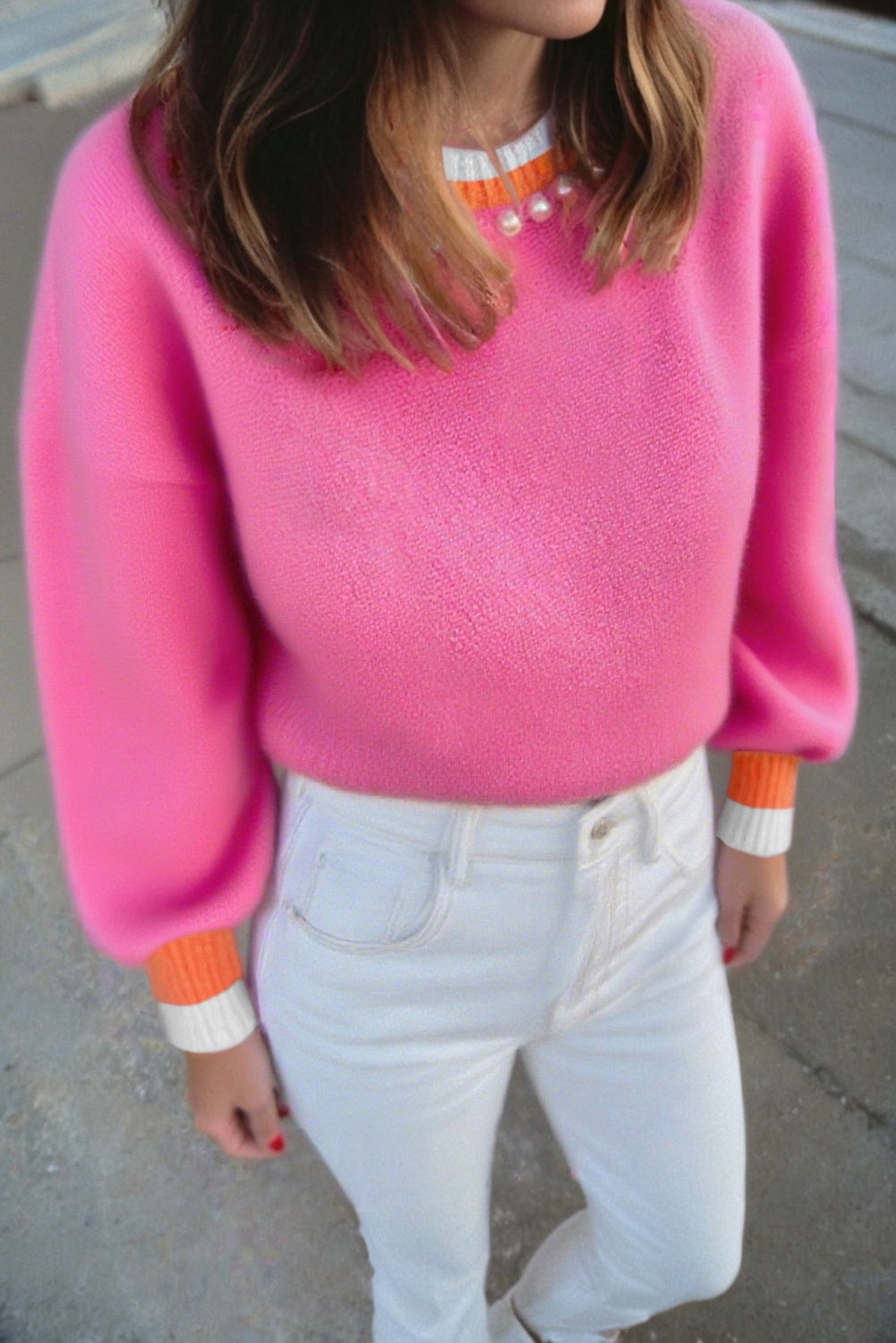 Pearl Contrast Trim Crewneck Drop Shoulder Sweater