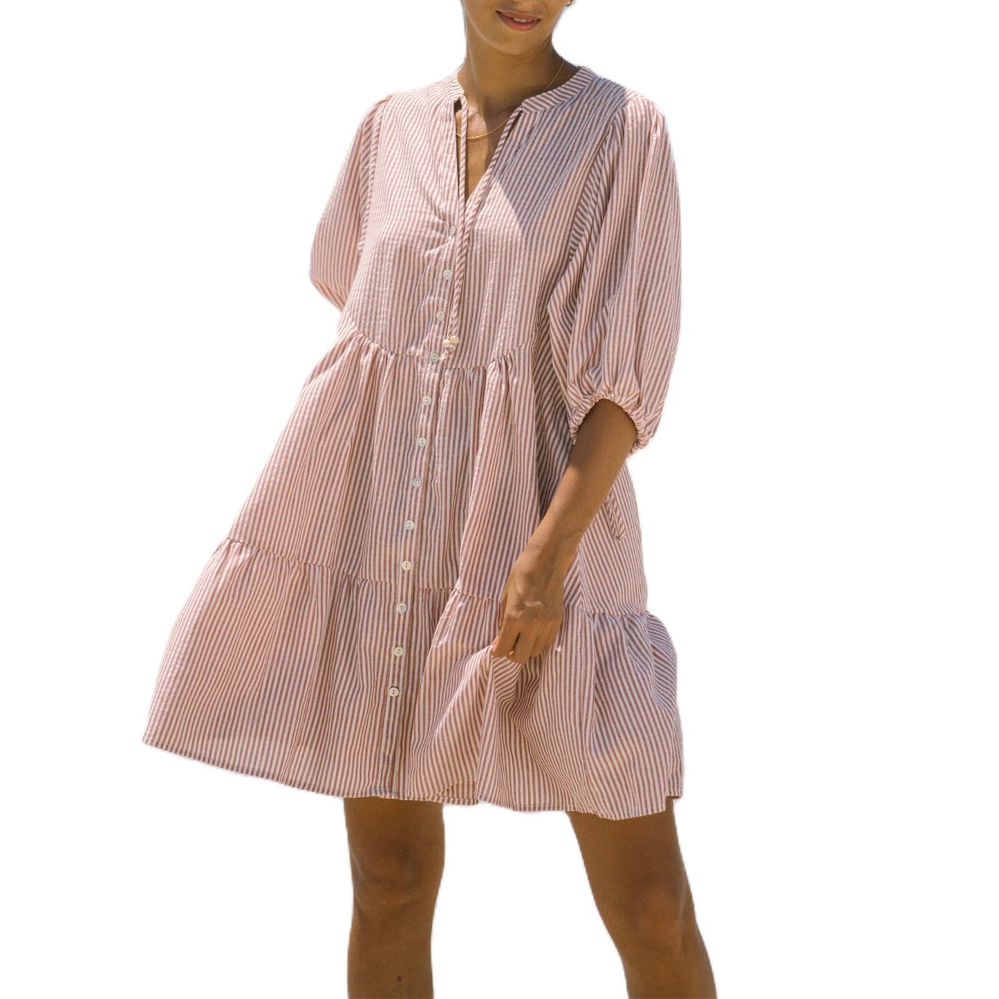 Womens V-Neck Striped Button Dress