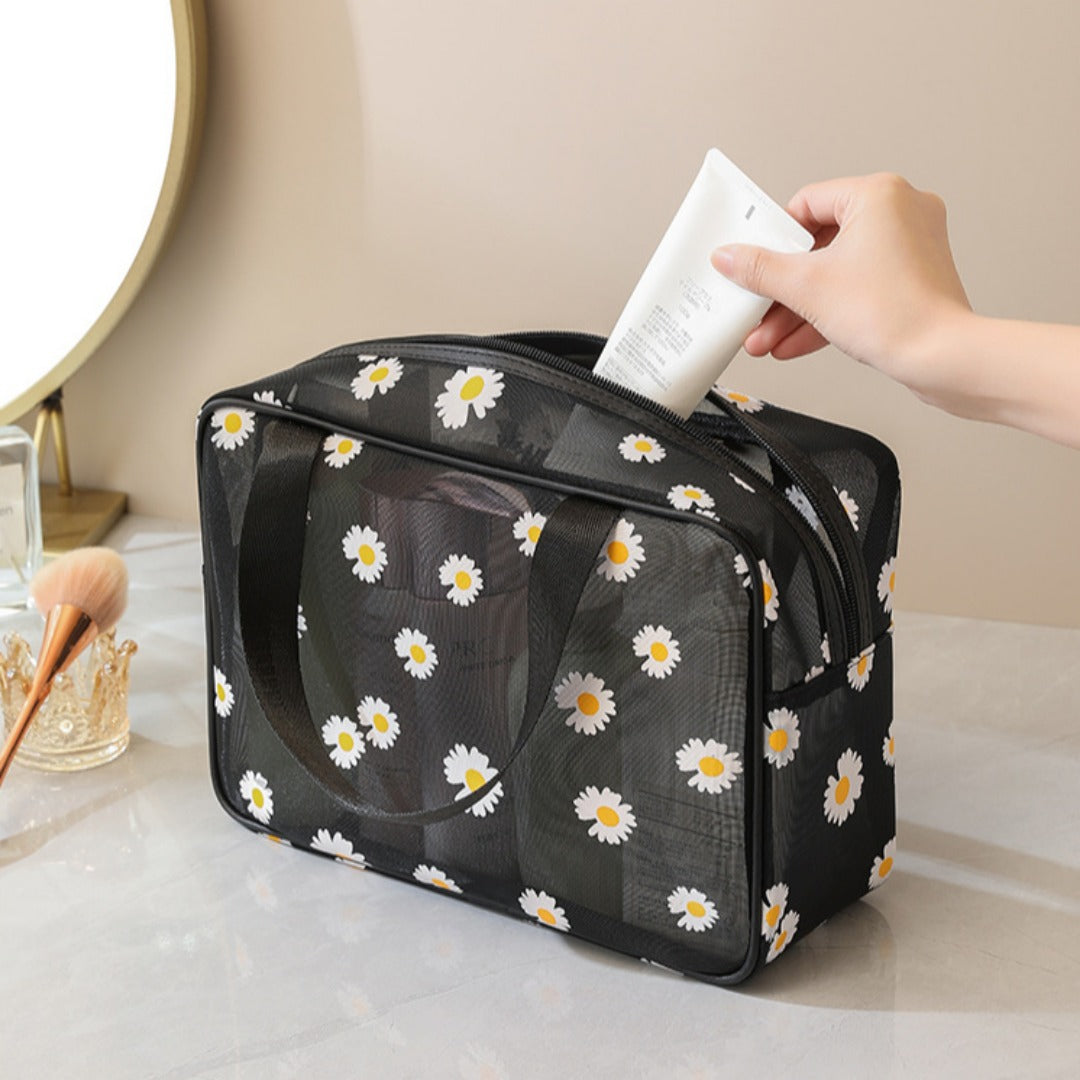 Mesh Cosmetic Bag, Small Daisy Beach Wash Bag, Travel Women's Simple Storage Bag, Go Out Portable Mesh Shower Tote Bag,