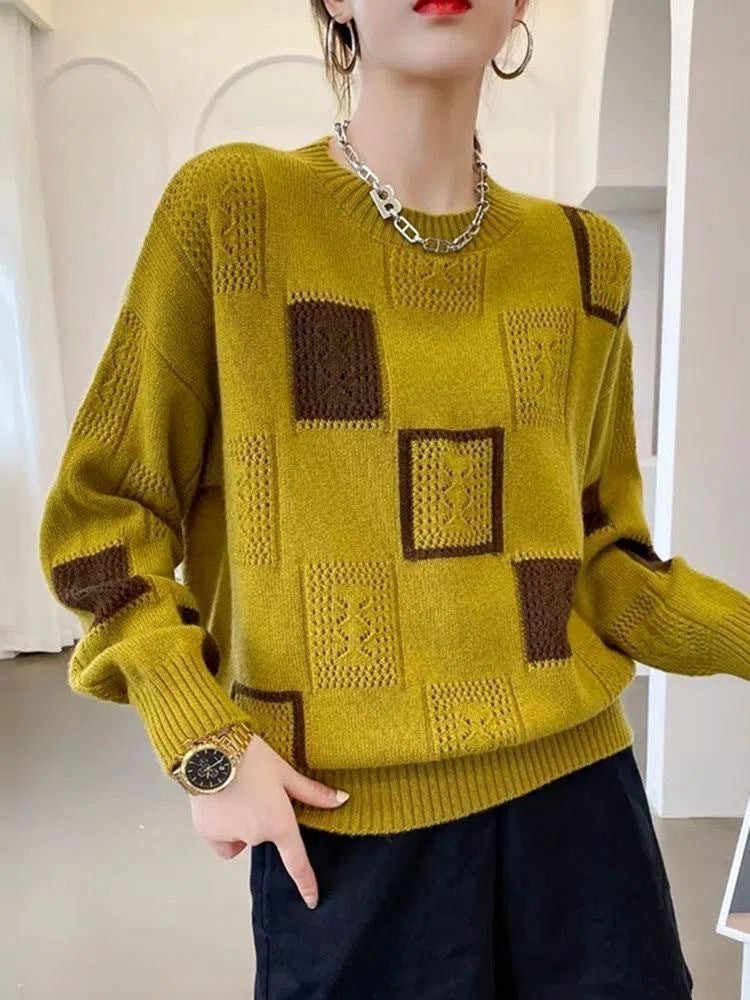 Color Block Plaid Knitwear Top Women Retro Round Neck Sweater