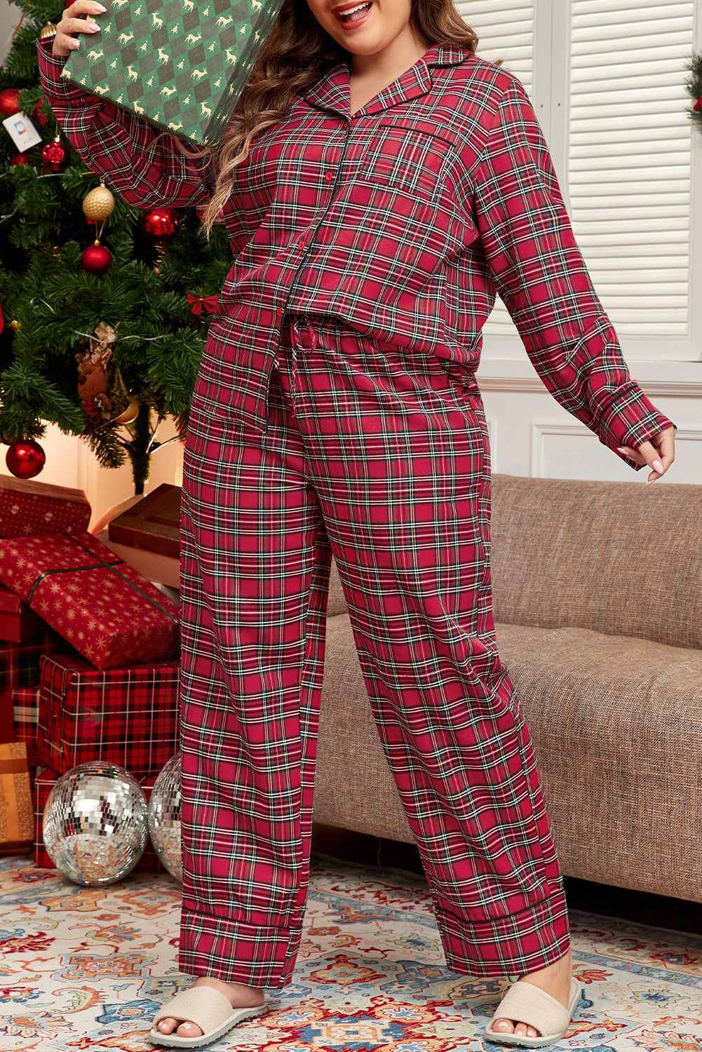 Plus Size Christmas Plaid Shirt and Pants Lounge Set