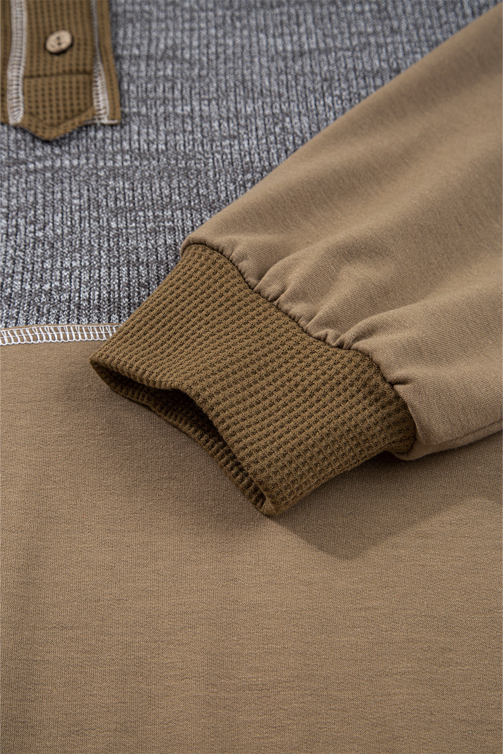 Waffle Knit Patchwork Buttoned Hooded Sweatshirt