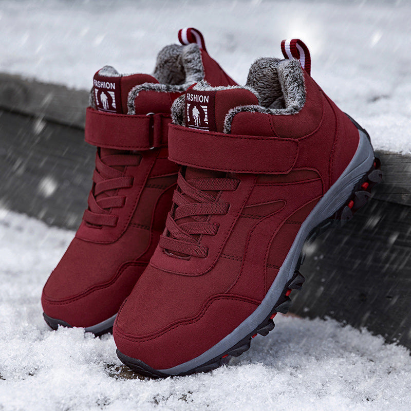 Winter fleece-lined high-top walking shoes for men and women.