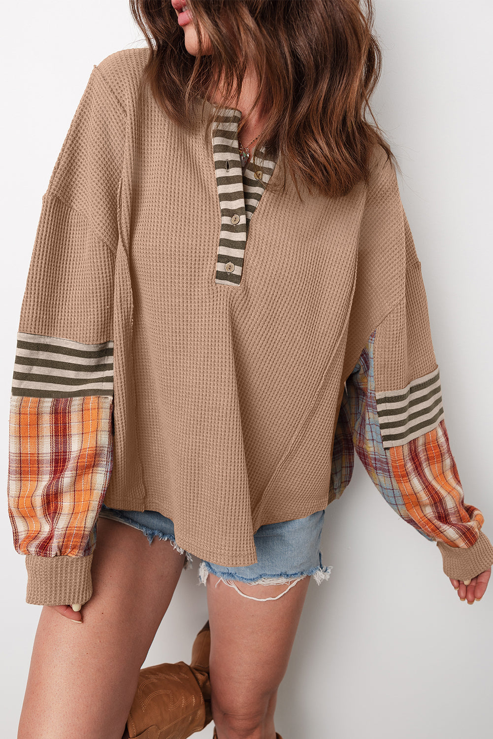 Stripe Plaid Patchwork Waffle Knit Henley Top